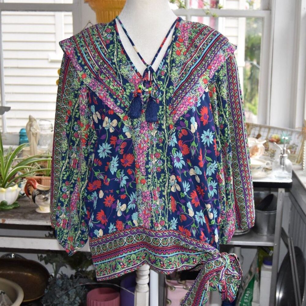 1980s Diane Freis Floral Georgette Blouse Womens L Navy Tassel Tie Boho